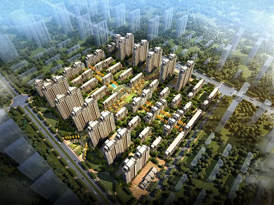 Aerial Planning of Modern Residential Area With High Rise Buildings Green Spaces And Road Networks 3d model