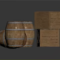 Vintage Wooden Barrels With Metal Hoops And Stacked Wooden Crates