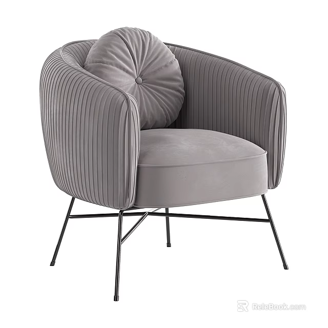 Elegant Grey Velvet Single Sofa With Pleated Design And Metal Legs 3d model 