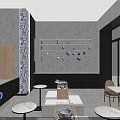 Modern Café Interior With Large Windows Gray Walls Wall Text Round Tables And Bar Counter