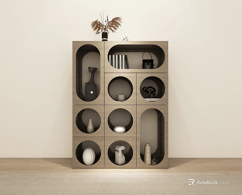 Modern Wooden Display Shelf with Multiple Circular And Square Compartments Holding Vases And Ornaments 3d model 