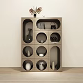Modern Wooden Display Shelf with Multiple Circular And Square Compartments Holding Vases And Ornaments