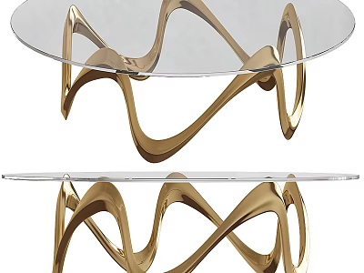 Modern Tea Table and Chairs with Glass Top and Gold Curved Metal Frame 3d model