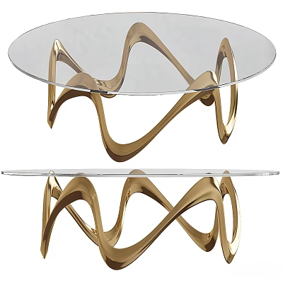 Modern Tea Table and Chairs with Glass Top and Gold Curved Metal Frame 3d model