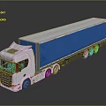 White Semi Trailer Truck With Blue Cargo Container And Reflective Surface