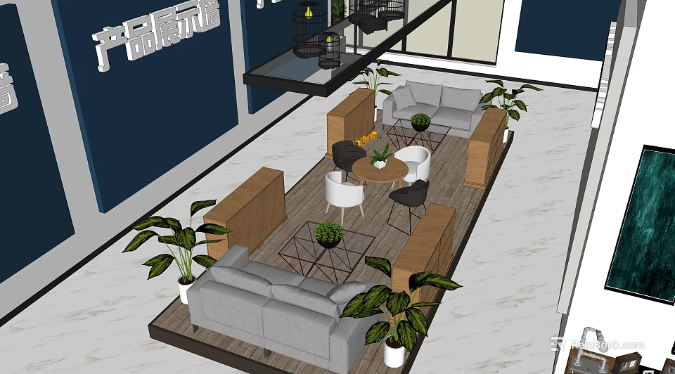 Cozy Leisure Area With Modern Sofa Coffee Table Green Plants And Wooden Partitions 3d model 