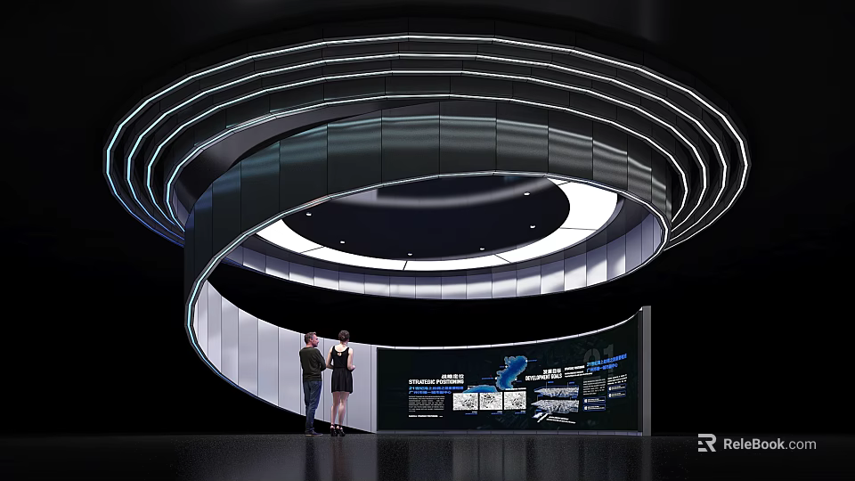 Modern Technology Exhibition Hall With Two People At Display Counter And Spiral Lighting Design 3d model 