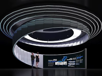 Modern Technology Exhibition Hall With Two People At Display Counter And Spiral Lighting Design 3d model