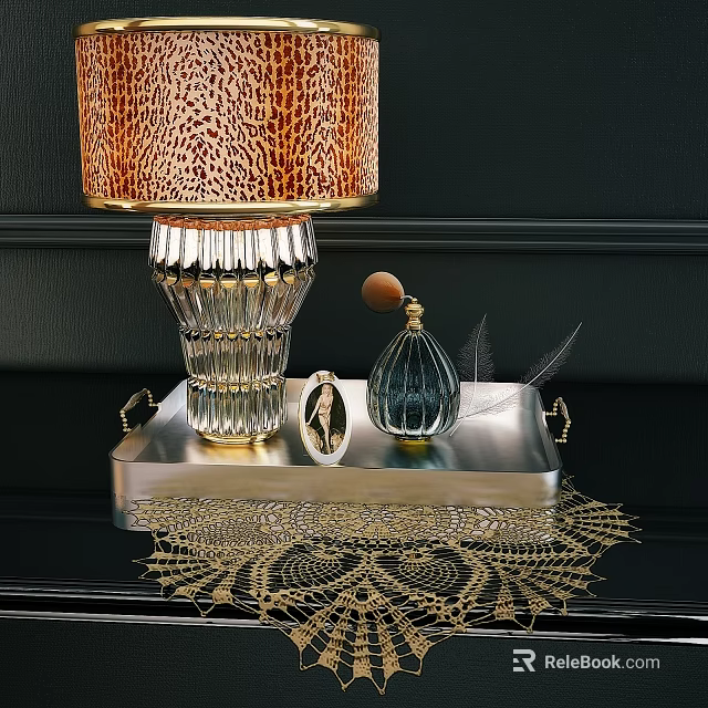 Decorative Accessories With Leopard Print Lampshade Crystal Base Perfume Bottle Silver Tray And Gold Lace 3d model 