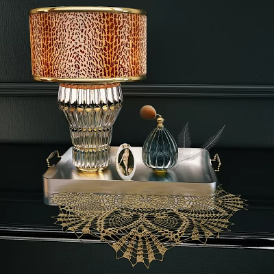 Decorative Accessories With Leopard Print Lampshade Crystal Base Perfume Bottle Silver Tray And Gold Lace 3d model