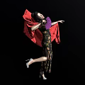 Elegant Floral Cheongsam Outfit with Red Cape Purple Fan and High Heels