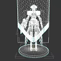 Game Character in Detailed Armor Holding Axe with Purple Yellow Banner on Circular Base