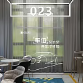 Modern Car Showroom with Displayed Car Tables Chairs Curtains and Parking Convenience