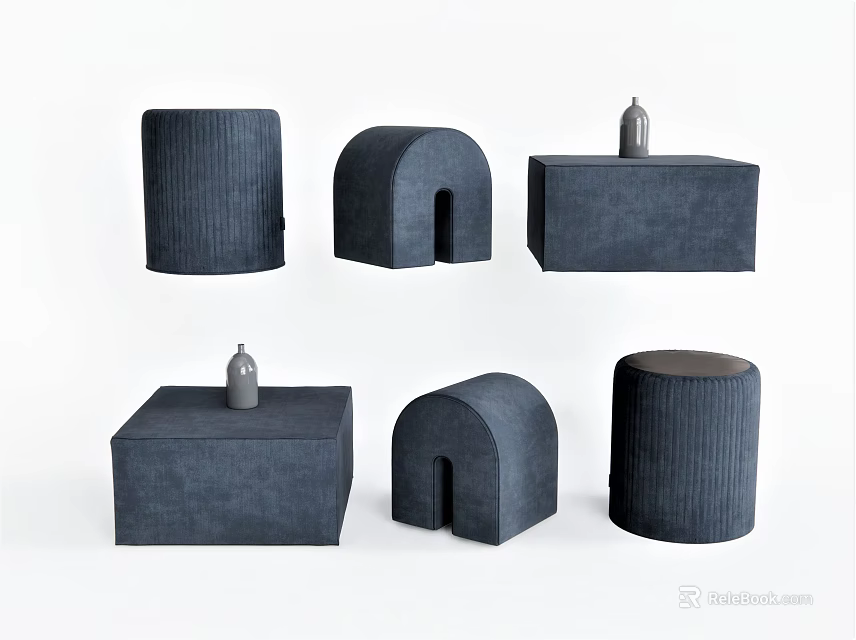 Modern Navy Blue Upholstered Sofa Stools With Various Shapes And Decorative Items 3d model 