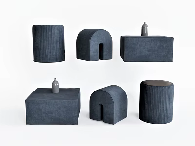 Modern Navy Blue Upholstered Sofa Stools With Various Shapes And Decorative Items 3d model