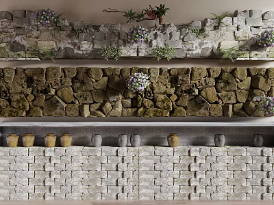 Stone And Wood Wall Designs With Diverse Textures Decorative Plants And Clay Jars 3d model
