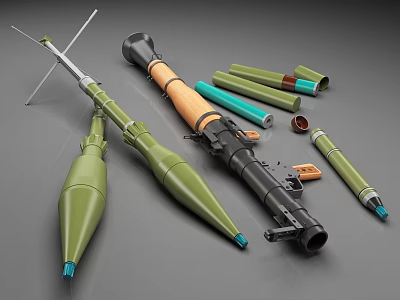 Military Rocket Launcher With Green Ammunition Tubes Brown Wooden Grip And Metal Parts 3d model