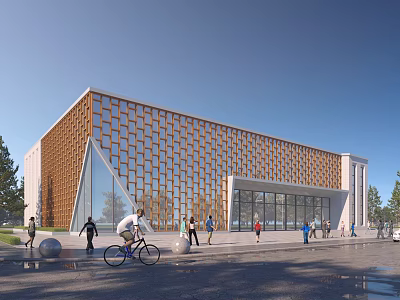 Modern Urban Building With Orange Geometric Facade Glass Entrance And Pedestrians 3d model