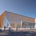 Modern Urban Building With Orange Geometric Facade Glass Entrance And Pedestrians