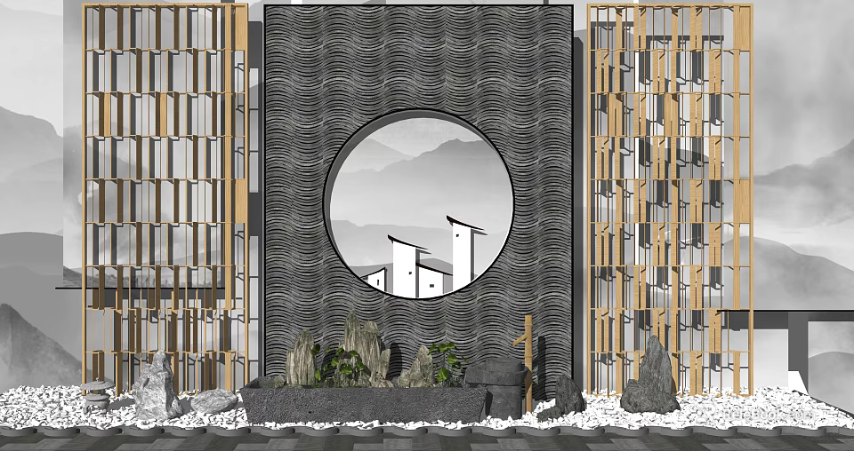 Scenic Wall with Circular Window Mountain View Wooden Lattice Rockery Green Plants and Pebble Decoration 3d model 