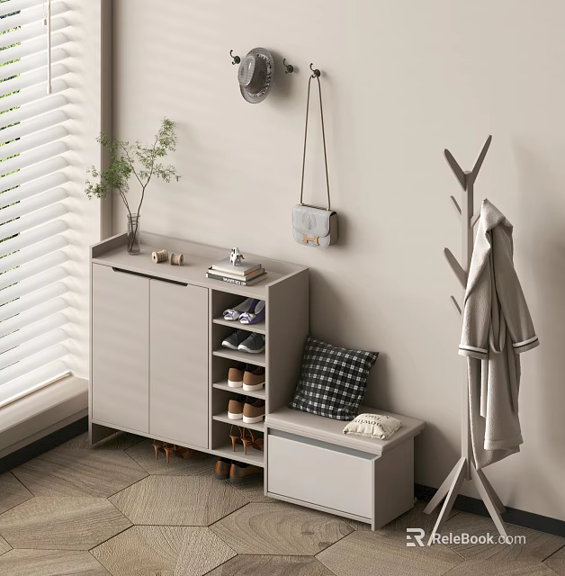 Modern Light Gray Shoe Cabinet With Multiple Shelves Small Bench Plaid Cushion And Hanging Bag 3d model 