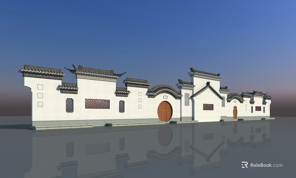 Chinese Style Scenic Wall With White Walls Black Tiled Roofs Round Doors And Carved Windows 3d model 