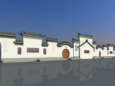 Chinese Style Scenic Wall With White Walls Black Tiled Roofs Round Doors And Carved Windows 3d model