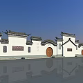 Chinese Style Scenic Wall With White Walls Black Tiled Roofs Round Doors And Carved Windows