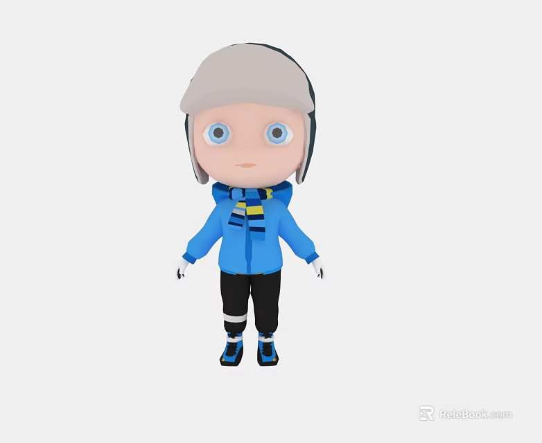 Cartoon Style Doll With Gray Hair Blue Eyes And Blue Jacket Black Pants White Gloves 3d model 