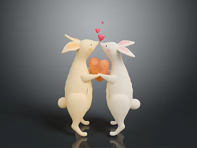 Cute White Rabbits Holding Heart Shaped Object With Floating Red Hearts Decoration 3d model