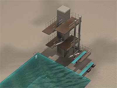 Shower Sauna Relaxation Area With Swimming Pool Diving Platform And Lounge Chairs 3d model