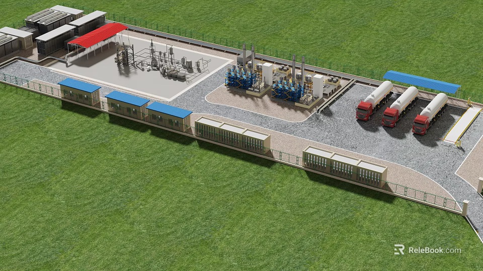 Industrial Plant With Modern Facilities Storage Tanks Pipelines Trucks And Green Lawn 3d model 