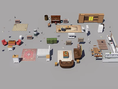 Various Home Furniture And Decor Items Including Chairs Tables Cabinets Rugs And Sofas 3d model