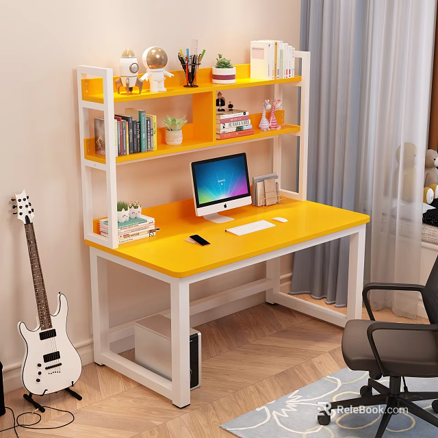 Yellow Top Desk With Computer Mobile Phone And Shelf Holding Books Green Plants 3d model 