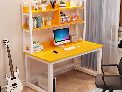 Yellow Top Desk With Computer Mobile Phone And Shelf Holding Books Green Plants 3d model