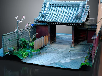 Traditional Japanese Entrance Gate With Tile Roof Red Door Green Plants And Stone Path 3d model