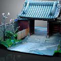 Traditional Japanese Entrance Gate With Tile Roof Red Door Green Plants And Stone Path