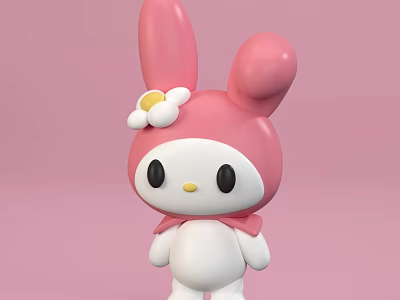 Cute Pink Ear Doll With White Flower On Head And Pink Bow 3d model