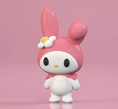 Cute Pink Ear Doll With White Flower On Head And Pink Bow 3d model
