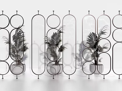 Modern Metal Room Divider with Geometric Circular Oval Frames and Palm Plants for Interior Partition 3d model