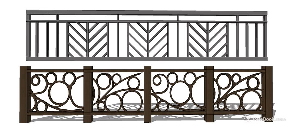 Metal And Wooden Fence Designs With Herringbone Pattern And Circular Curved Motifs 3d model 