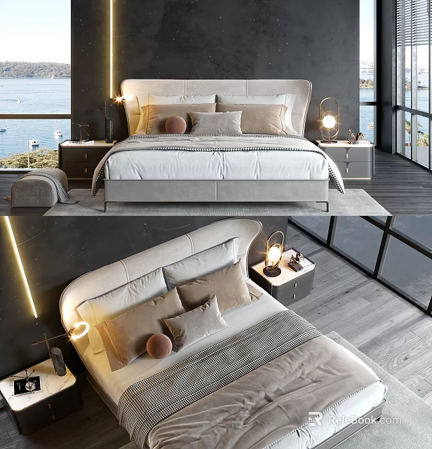 Modern Double Bed Interior With Upholstered Headboard Multiple Pillows And Table Lamps 3d model 