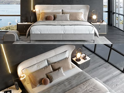 Modern Double Bed Interior With Upholstered Headboard Multiple Pillows And Table Lamps 3d model