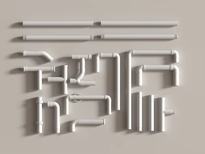 White Pipe Fittings Including Straight Pipes Elbows Tees Arranged On Light Gray Background 3d model
