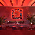 Stylish Jazz Bar Interior With Red Ambiance Decorative Panel Tropical Plants Leather Stools Seating Area