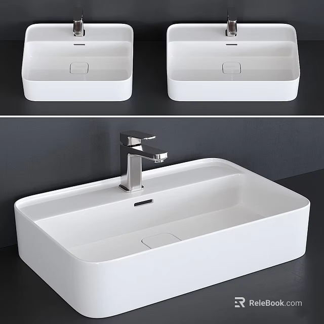 Modern White Rectangular Countertop Washbasin With Sleek Design And Chrome Faucet 3d model