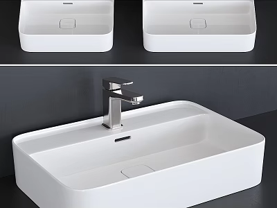 Modern White Rectangular Countertop Washbasin With Sleek Design And Chrome Faucet 3d model
