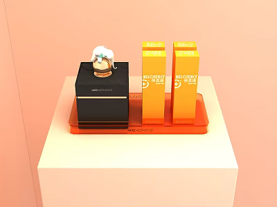 Modern Showcase Shelf With Perfume Bottle And Orange Product Boxes Arrangement Design 3d model