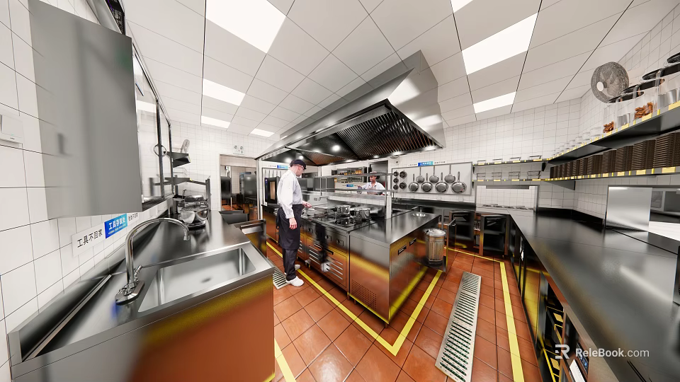 Commercial Kitchen With Stainless Steel Equipment Chef Hood Vent And Tile Walls 3d model 