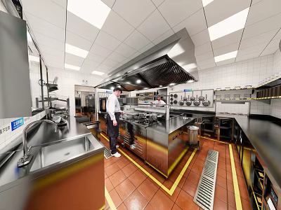Commercial Kitchen With Stainless Steel Equipment Chef Hood Vent And Tile Walls 3d model